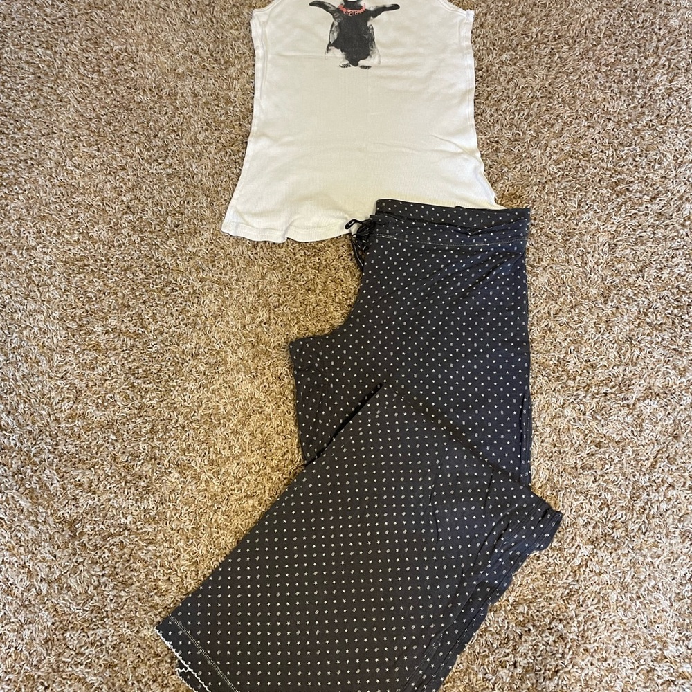 Victoria's Secret 2 piece Pajama set White Tank and blue bottom